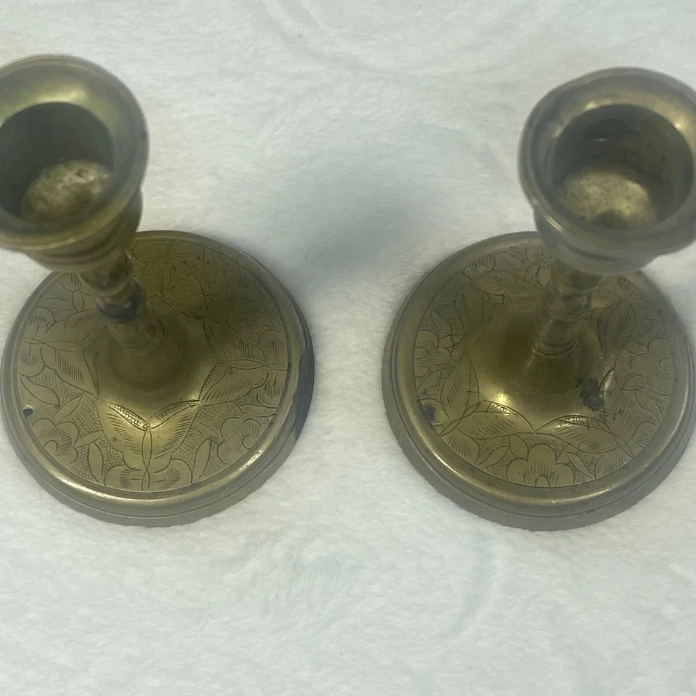 Vintage Brass Candle Holder Set of 8 Mixed Heights Etched Floral Chamberstick